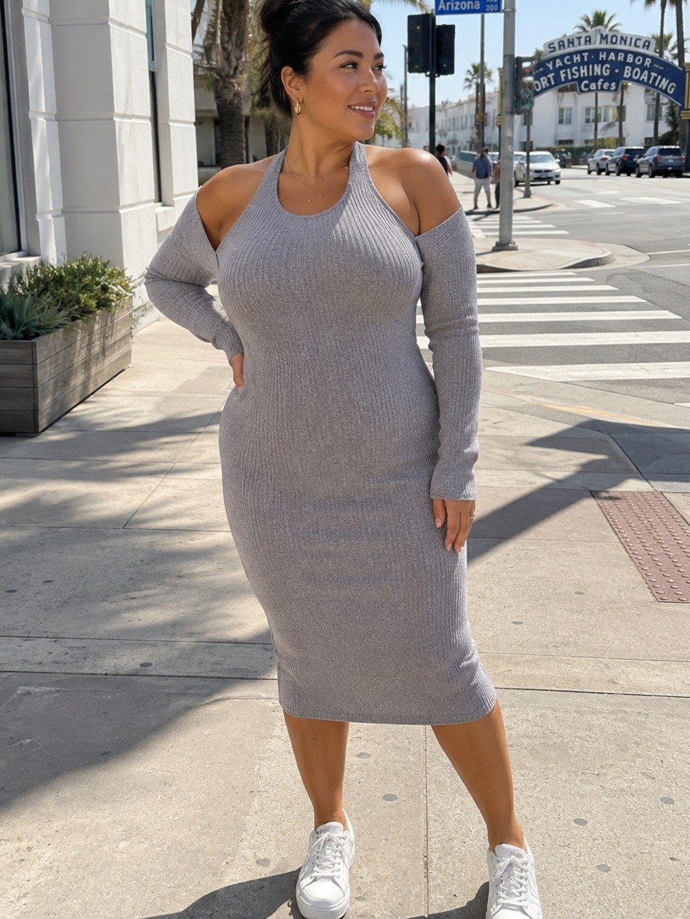 NWT PrettyLittleThing Gray Halter Neck Knitted Long Sleeves Mid Dress Plus XXL